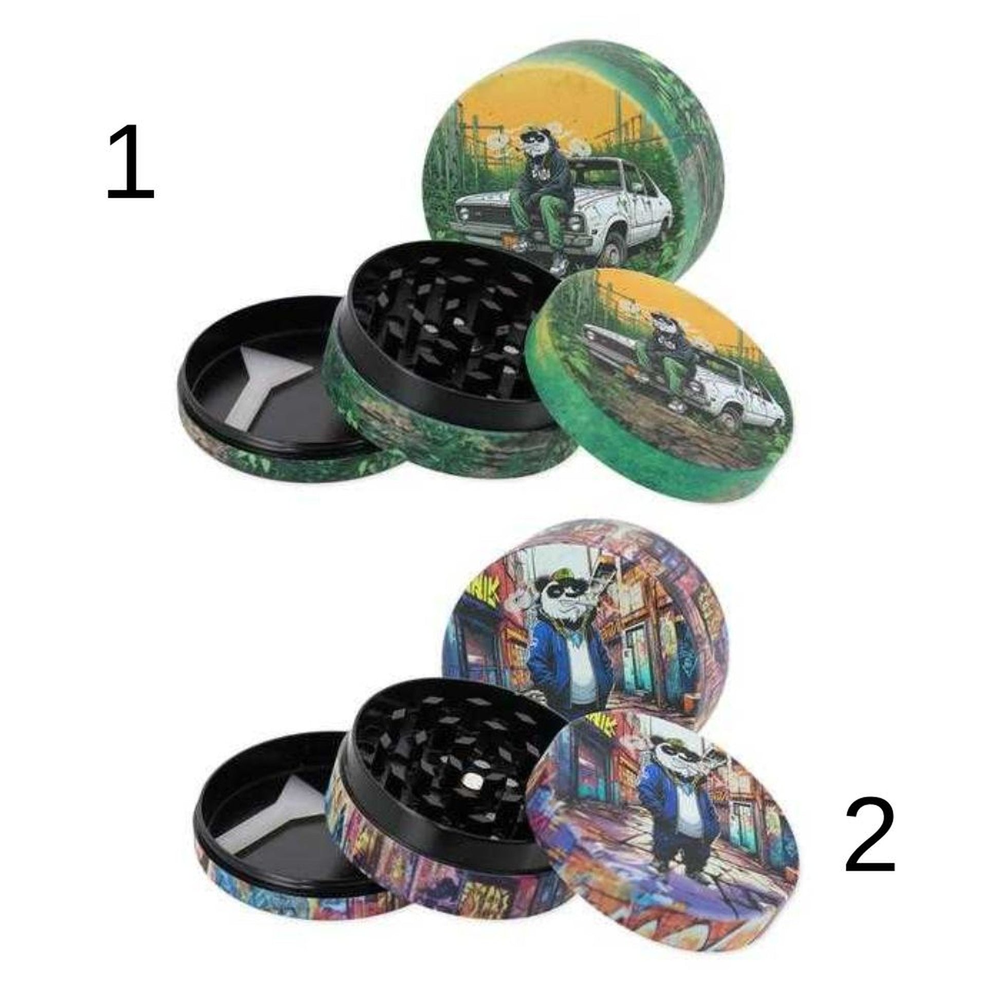 Grinder métal Car & Street 52mm 3 parties Gangsta Panda noir avec design urbain