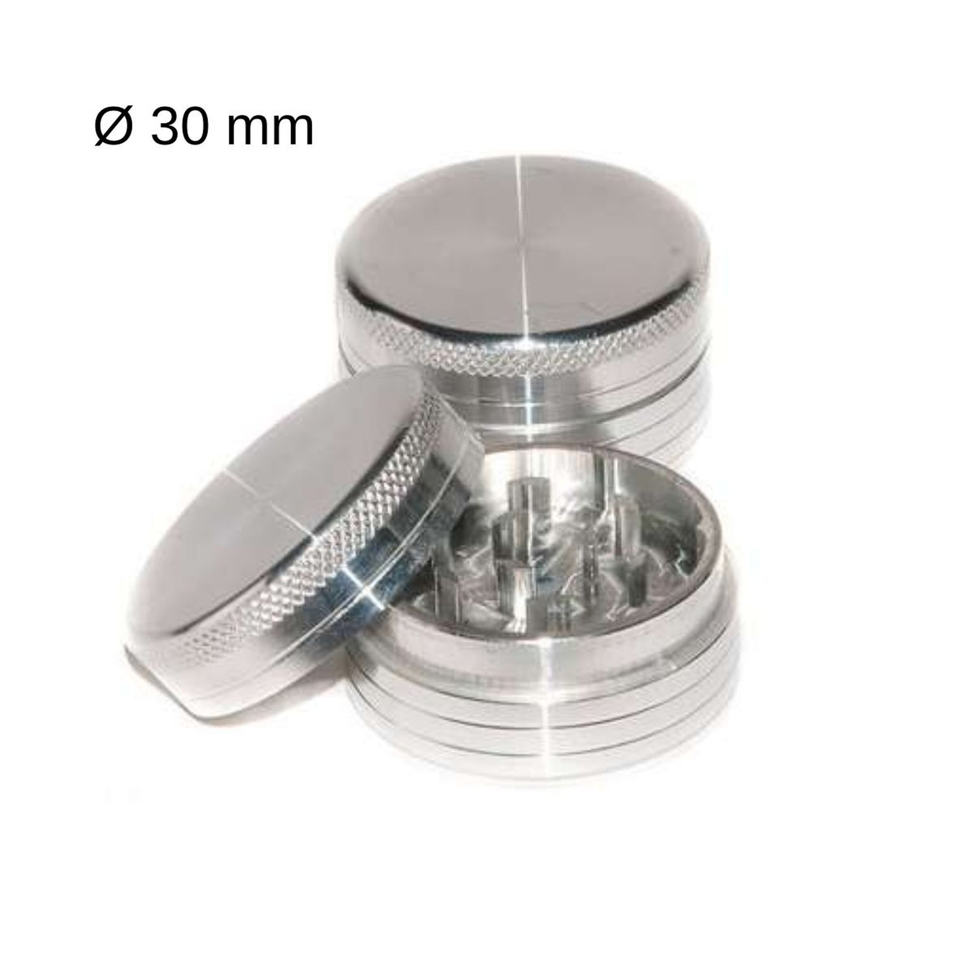 Grinder aluminium argenté 30 mm avec design 2 parties, finition brillante