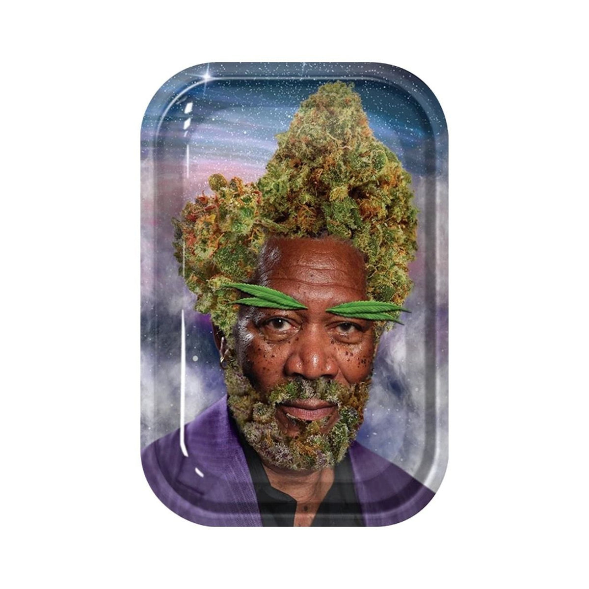 Grand plateau en métal M Weedman à rouler, avec motif Weedman, vue de dessus sur fond neutre