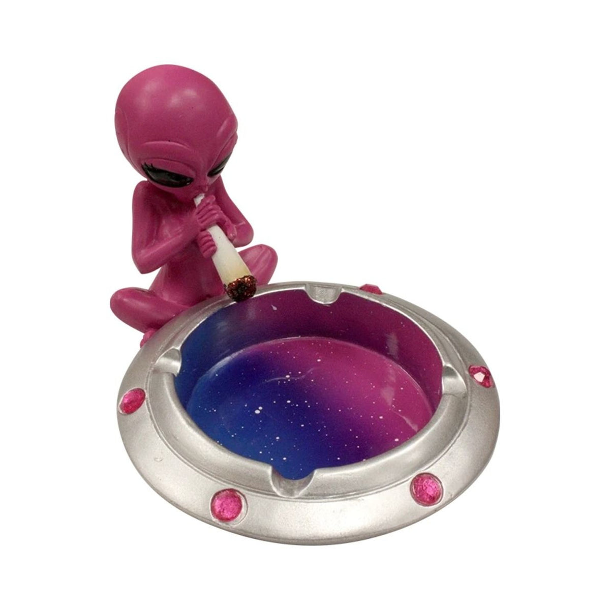 Cendrier pilote alien rose en résine et céramique, design original vu de face sur fond neutre