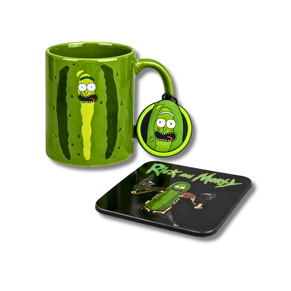 Rick et Morty - Set cadeau Rick-ornichon - Mug, dessous de verre et porte-clés