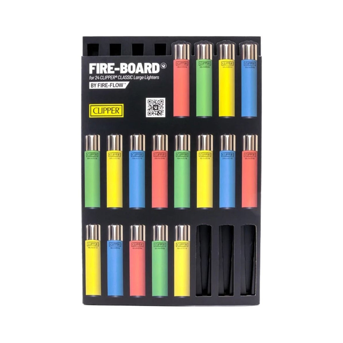 Lot de 24 briquets Clipper Fire-Board présentés dans leur présentoir, accessoire fumeur disponible en livraison Belgique