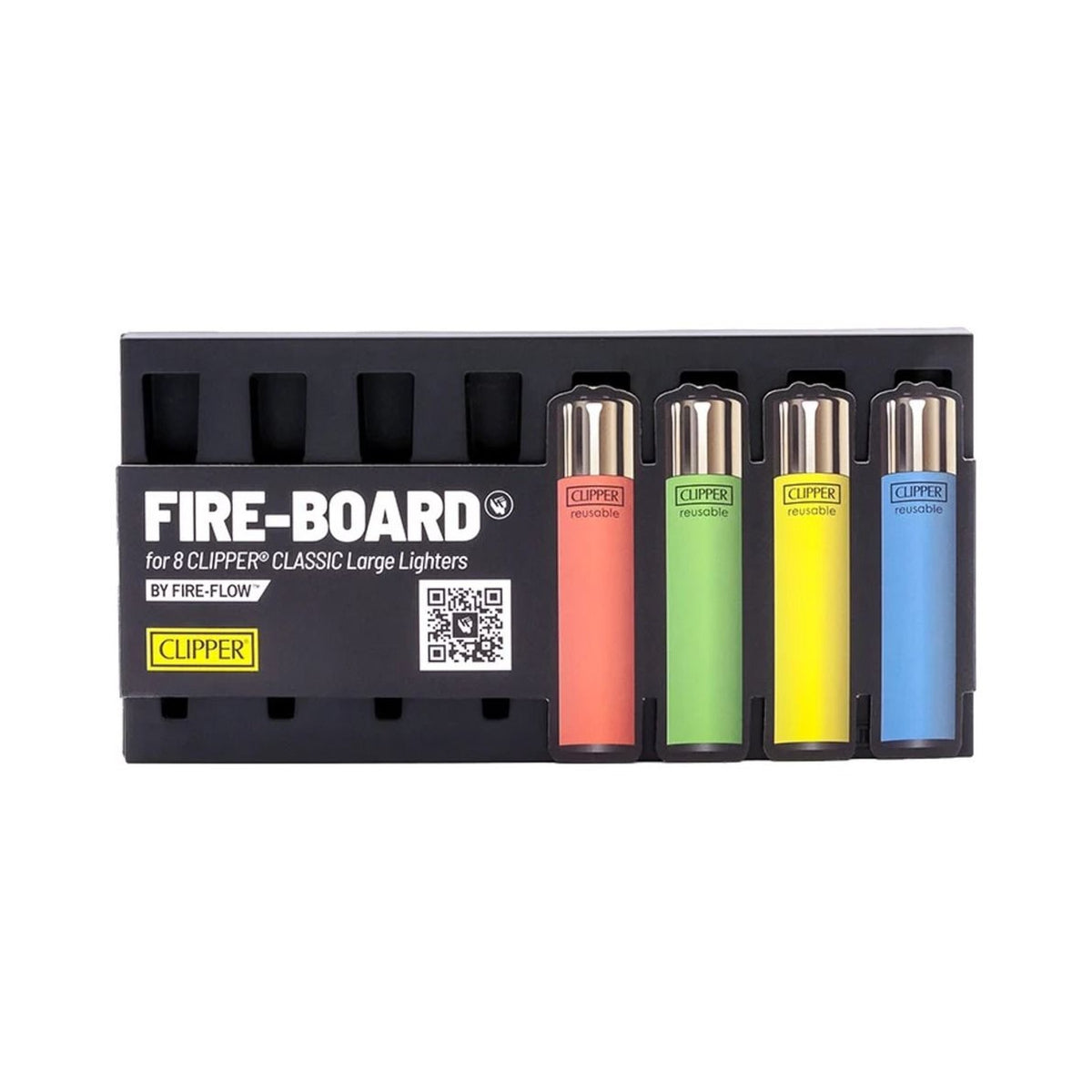 Lot de 8 briquets Clipper Fire-Board présentés sur leur support, accessoire fumeur disponible en livraison en Belgique