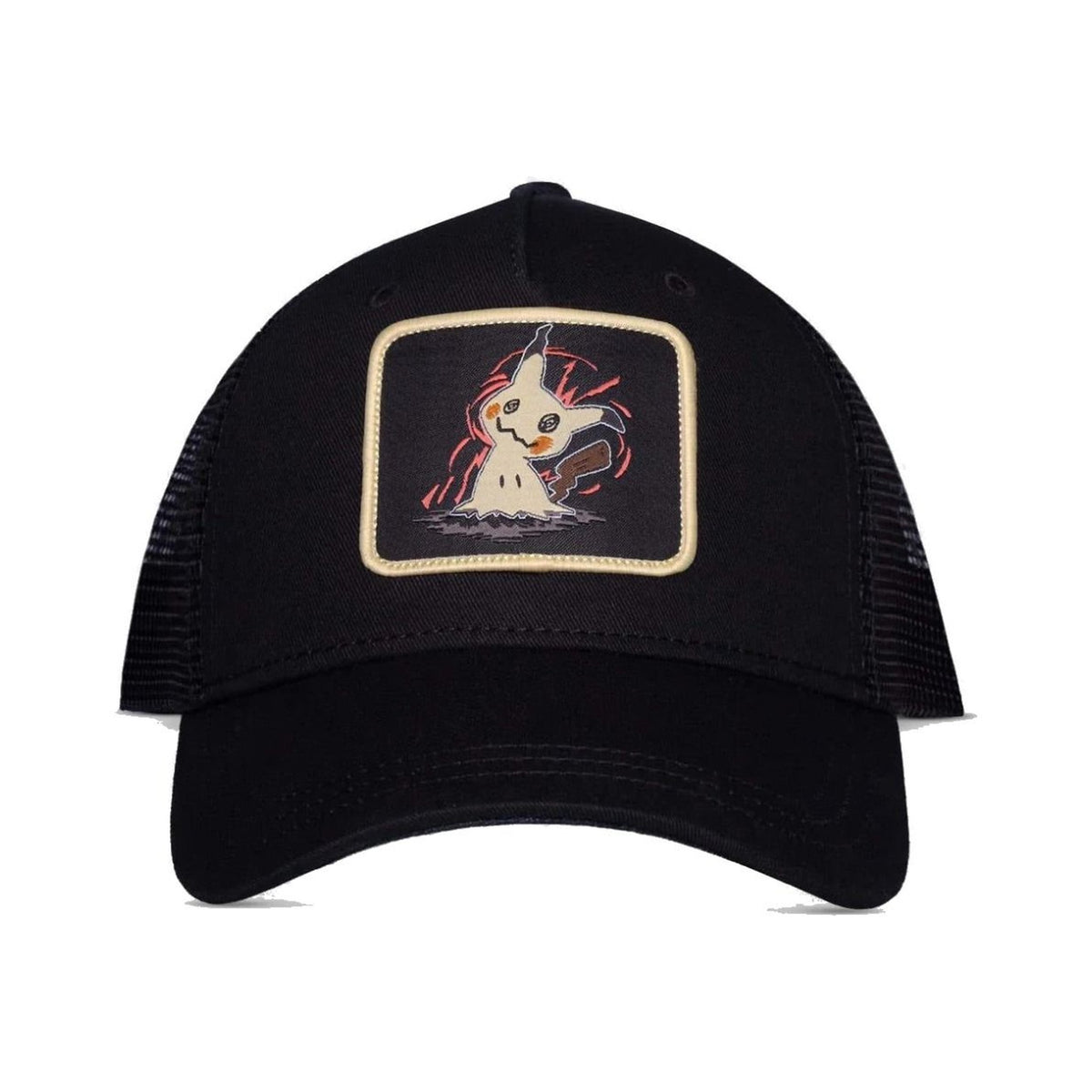Casquette trucker ajustable Pokémon 30e anniversaire avec le motif Mimiqui, vue de face sur fond neutre