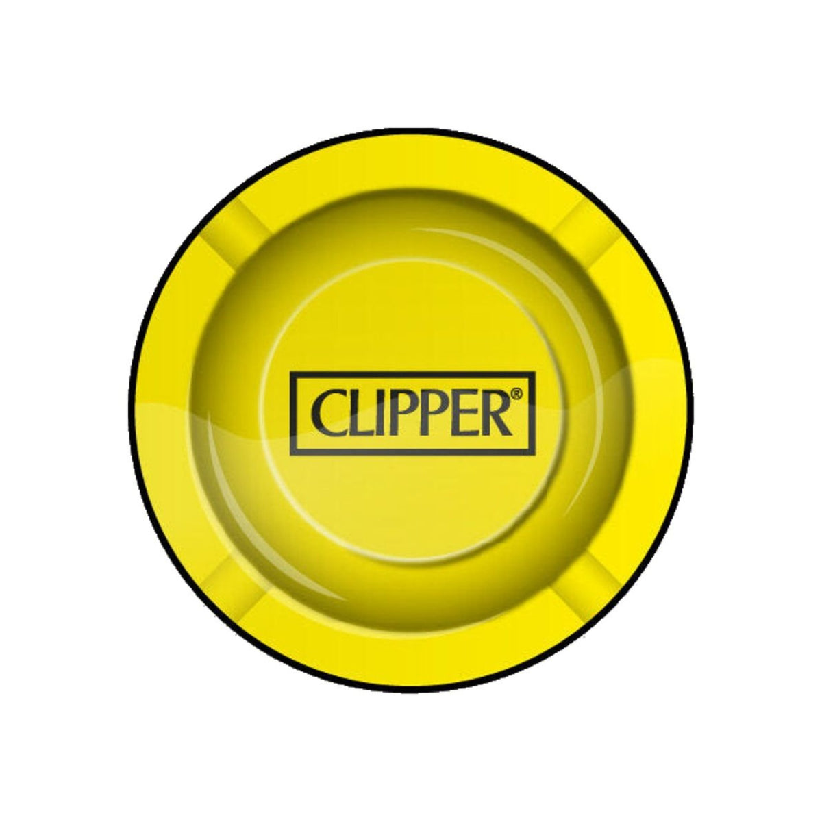 Cendrier en métal Clipper de couleur jaune, accessoire fumeur compact présenté de face