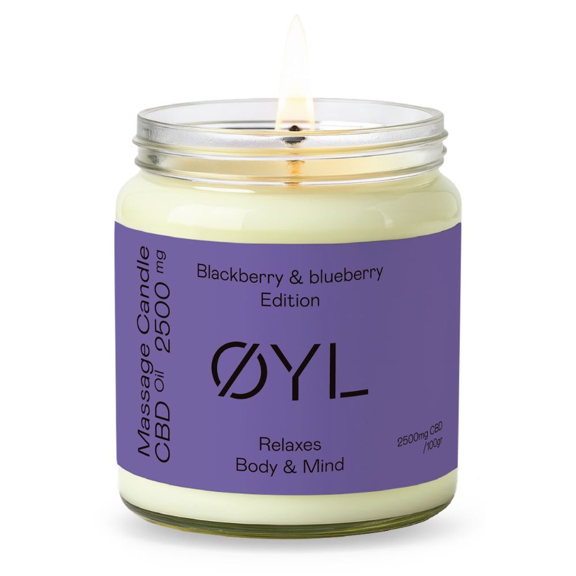 Bougie de massage CBD Mûre-Myrtille OYL pour relaxation et bien-être naturel