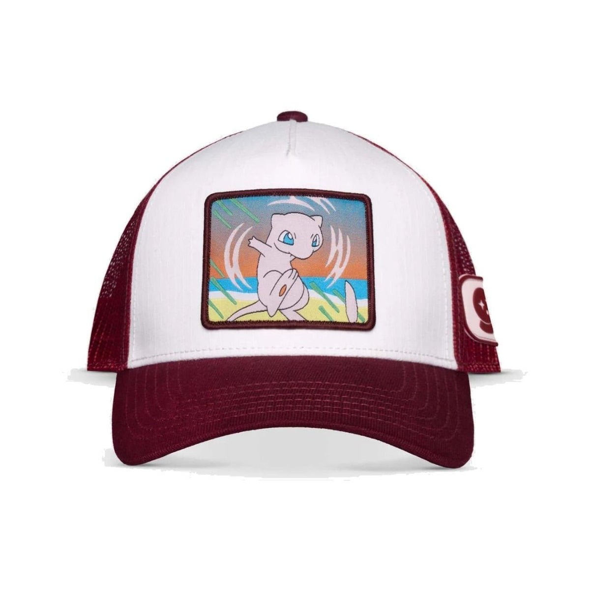 Casquette trucker ajustable Pokémon 30e anniversaire avec le motif du Pokémon Mew sur fond coloré