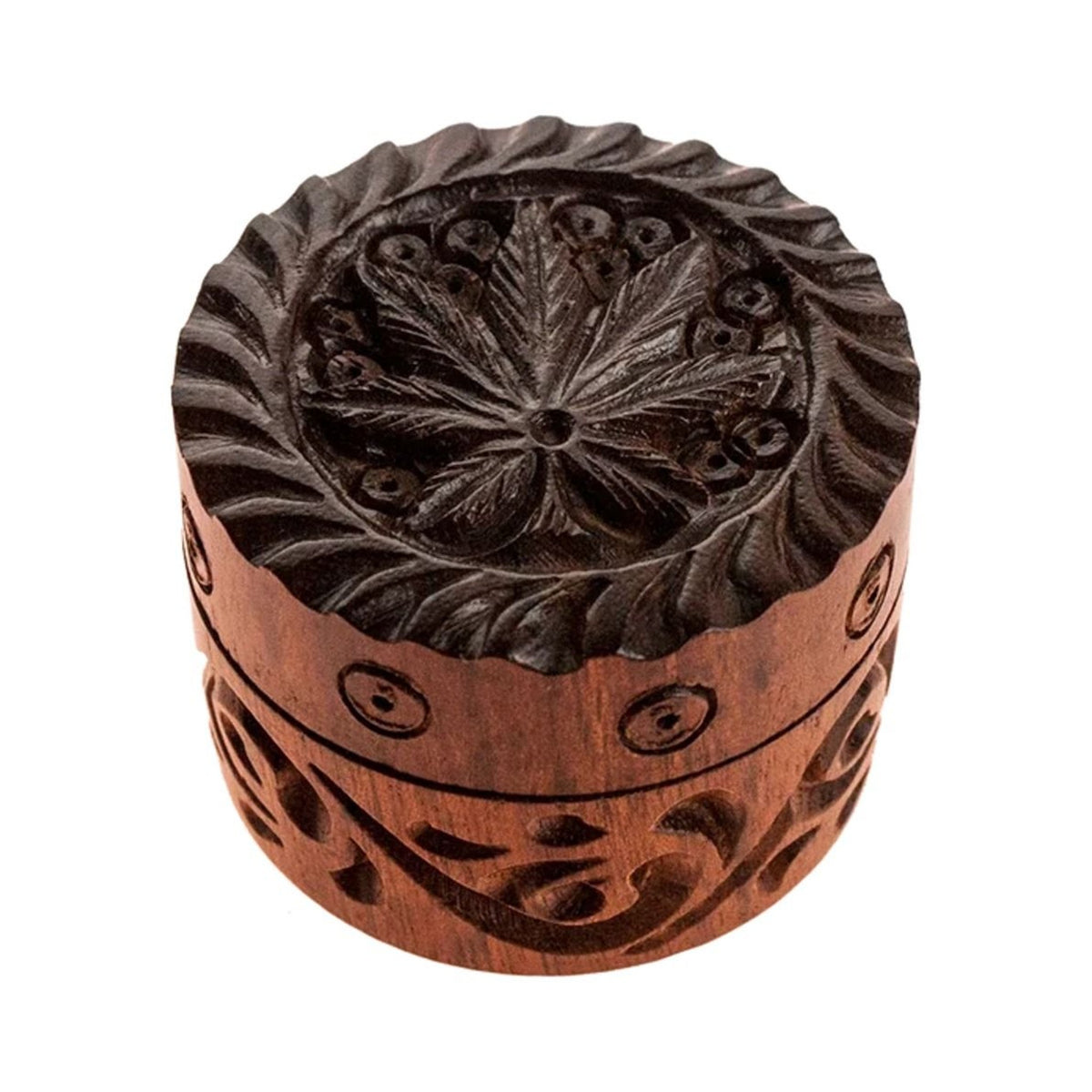 Grinder HQ en bois et aluminium au design feuille, diamètre 40 mm, deux parties, vue de face sur fond neutre