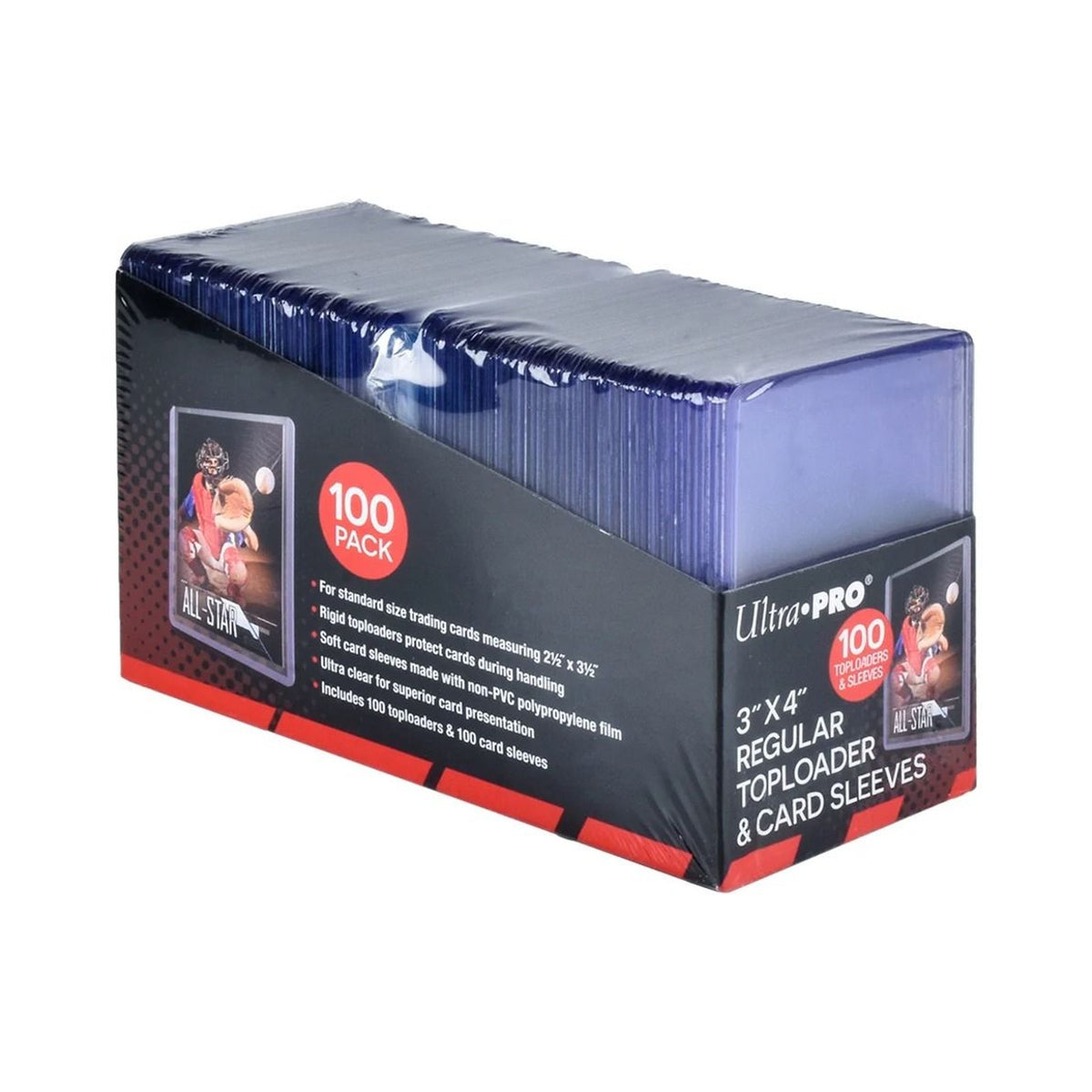Présentoir Ultra Pro contenant 100 toploaders et pochettes de rangement standard 8x10cm pour protéger vos cartes à collect...